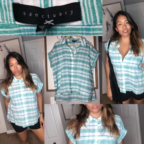 NWT 🌴SANCTUARY SHORT SLEEVE SHIRT GRN/BL PLAID - Picture 1 of 8